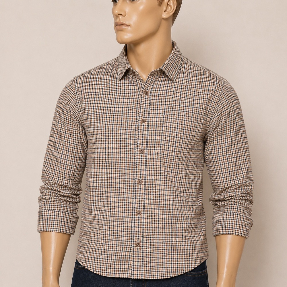 Free Assembly Mens Brown Navy Plaid Micro Check Button Down Shirt Size Medium‎